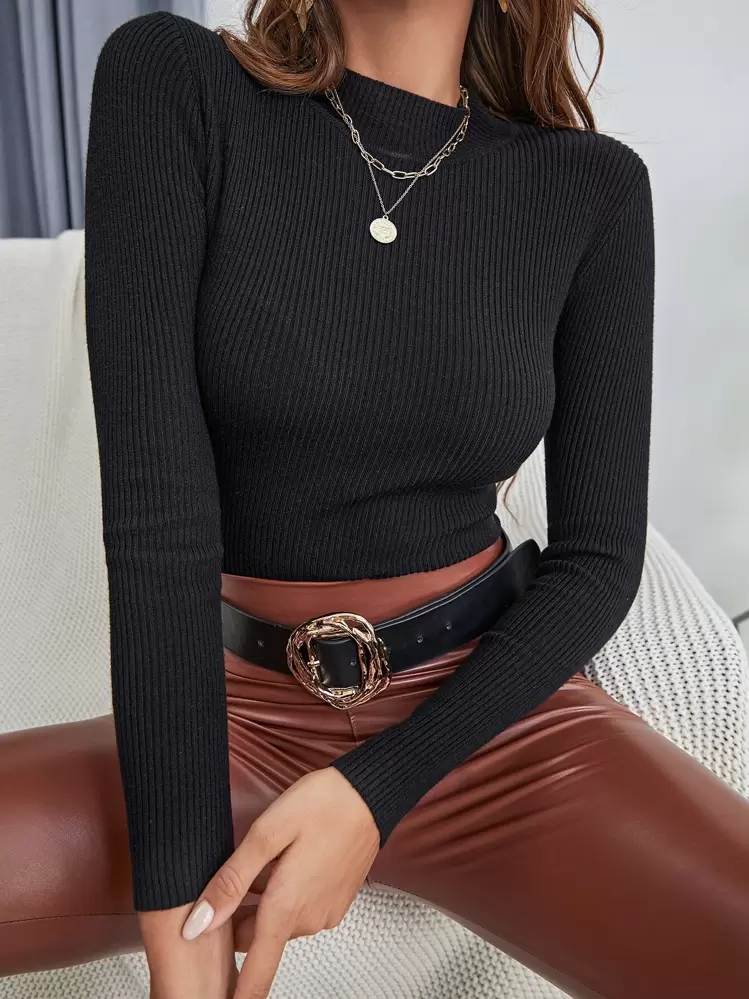 Jersey de punto de cuello alto de punto de costilla, tops de manga larga de punto de otoño e invierno - Negro - Añade 4