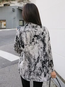 DAZY Marble Print Drop Shoulder Shirt - Black and White - View 2