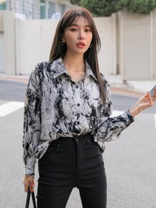 DAZY Marble Print Drop Shoulder Shirt - Black and White - View 3