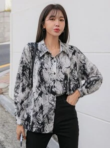 DAZY Marble Print Drop Shoulder Shirt - Black and White - View 4