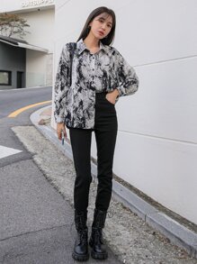 DAZY Marble Print Drop Shoulder Shirt - Black and White - View 5