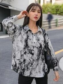 DAZY Marble Print Drop Shoulder Shirt - Black and White - View 6