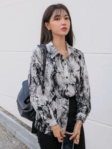 DAZY Marble Print Drop Shoulder Shirt - Black and White - View 7
