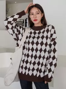 DAZY 菱形印花落肩袖套頭毛衣 - 彩色 - 查看 1
