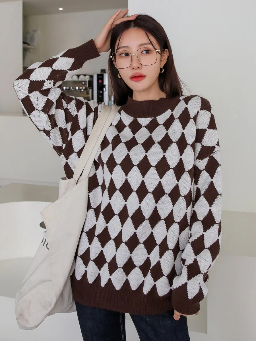 DAZY 菱形印花落肩袖套頭毛衣 - 彩色 - 查看 1