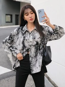 DAZY Marble Print Drop Shoulder Shirt - Black and White - View 8