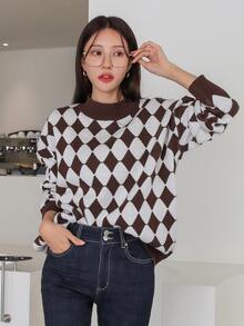 DAZY 菱形印花落肩袖套頭毛衣 - 彩色 - 查看 4