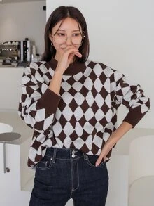 DAZY 菱形印花落肩袖套頭毛衣 - 彩色 - 查看 5