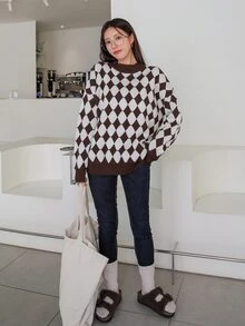 DAZY 菱形印花落肩袖套頭毛衣 - 彩色 - 查看 6