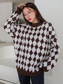 DAZY 菱形印花落肩袖套頭毛衣 - 彩色 - 查看 7