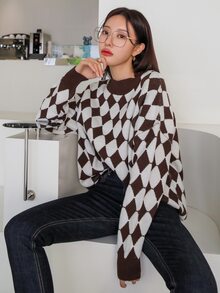 DAZY 菱形印花落肩袖套頭毛衣 - 彩色 - 查看 9