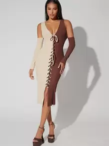 SHEIN BAE 雙色前繫帶緊身洋裝和袖套 - 彩色 - 查看 1