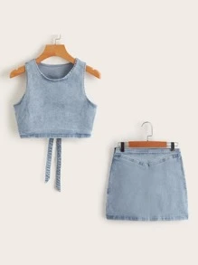 SHEIN Tied Backless Denim Tank Top & Skirt Set - Light Wash - View 1