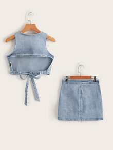 SHEIN Tied Backless Denim Tank Top & Skirt Set - Light Wash - View 2
