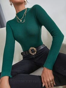 INAWLY Solid Funnel Neck Rib Knit Sweater,Ladies Spring/Fall Casual Rib-Knit Long Sleeve Slim Fit Dark Green Viscose Regular Sleeve Pullovers Women Sweaters,Long Sleeve Tops Knit Pullover Fall Winter Outfit