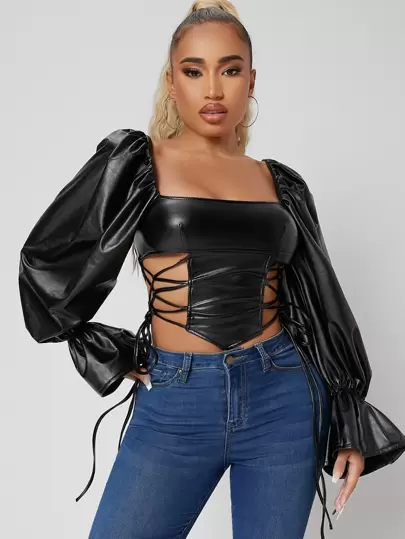 SHEIN SXY Bell Sleeve Lace Up Side PU Leather Top