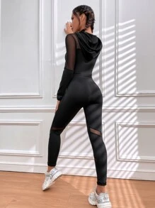 Easithlete Bộ đồ tập luyện Mono gồm 2 món, áo trùm đầu lưới có dây rút và quần bó kiểm soát bụng dành cho nữ - màu đen - Xem 2