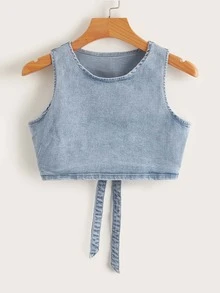 SHEIN Tied Backless Denim Tank Top & Skirt Set - Light Wash - View 8