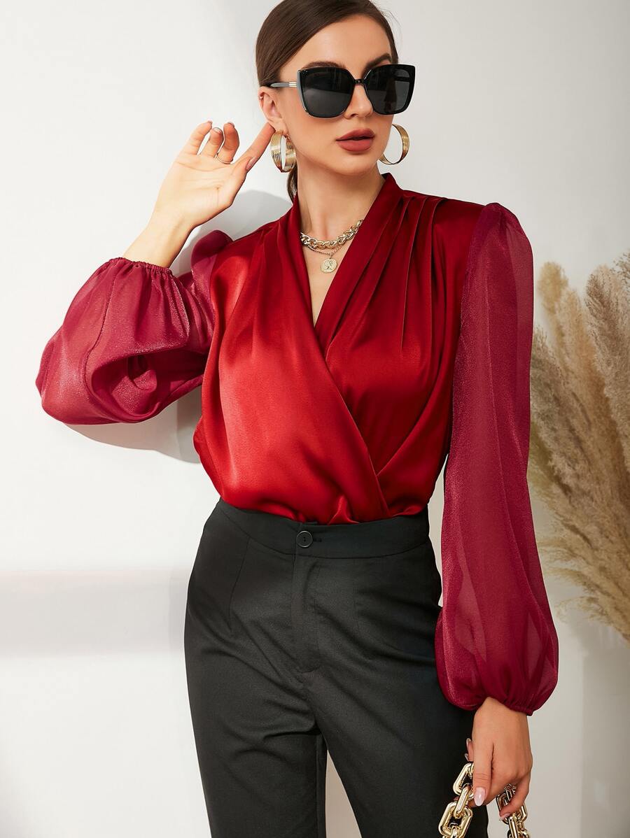 Modelyn Burgundy Red Fold Pleated Lantern Sleeve Satin Blouse - Burgundy - View 1