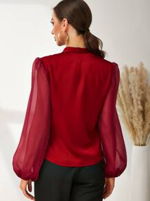 Modelyn Burgundy Red Fold Pleated Lantern Sleeve Satin Blouse - Burgundy - View 2