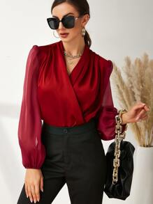 Modelyn Burgundy Red Fold Pleated Lantern Sleeve Satin Blouse - Burgundy - View 6