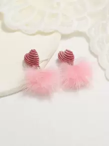 愛心裝飾小絨球耳墜 - 粉色 - 查看 1