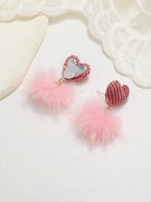 愛心裝飾小絨球耳墜 - 粉色 - 查看 3