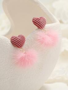 愛心裝飾小絨球耳墜 - 粉色 - 查看 4