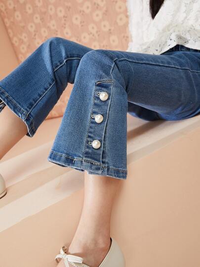 Girls Pearl Button Hem Flare Leg Jeans