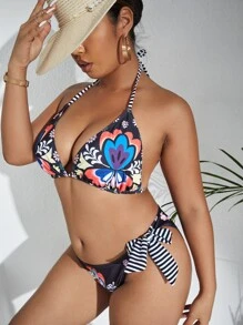 Plus Size Floral Print Halter Tie Side Bikini Set Summer Beach - Multicolor - View 1