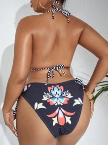 Plus Size Floral Print Halter Tie Side Bikini Set Summer Beach - Multicolor - View 2