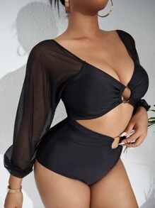 SHEIN Swim Curve 大碼網紗連體泳衣 - 黑色 - 查看 3