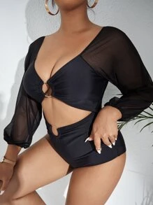 SHEIN Swim Curve 大碼網紗連體泳衣 - 黑色 - 查看 4