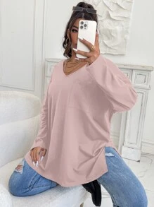 Flirla Camiseta con parche con bolsillo de hombros caídos bajo con abertura - Rosa vieja - Ver 1