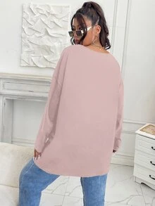 Flirla Camiseta con parche con bolsillo de hombros caídos bajo con abertura - Rosa vieja - Ver 2