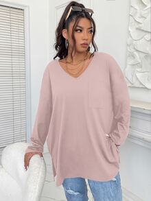 Flirla Camiseta con parche con bolsillo de hombros caídos bajo con abertura - Rosa vieja - Ver 3