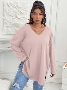 Flirla Camiseta con parche con bolsillo de hombros caídos bajo con abertura - Rosa vieja - Ver 4