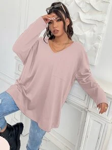 Flirla Camiseta con parche con bolsillo de hombros caídos bajo con abertura - Rosa vieja - Ver 5