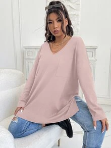 Flirla Camiseta con parche con bolsillo de hombros caídos bajo con abertura - Rosa vieja - Ver 6