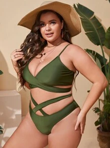 Plus Size Wrap Criss Cross Bikini Set Summer Beach - Army Green - View 3