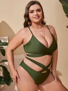 Plus Size Wrap Criss Cross Bikini Set Summer Beach - Army Green - View 4