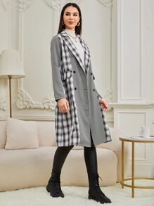 SHEIN 格紋西裝領雙排釦外套