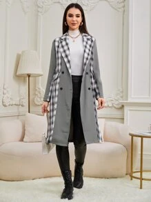 SHEIN 格紋西裝領雙排釦外套