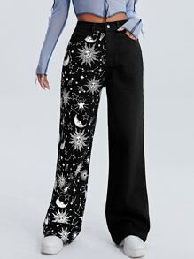 SHEIN High Waist Sun & Moon Print Wide Jeans - Black - View 1