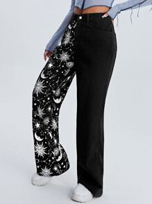 SHEIN High Waist Sun & Moon Print Wide Jeans - Black - View 3