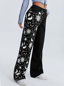SHEIN High Waist Sun & Moon Print Wide Jeans - Black - View 5
