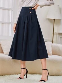 SHEIN BIZwear High Waist Fold Pleated Solid Skirt Workwear - Navy Blue - View 1