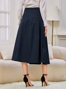 SHEIN BIZwear High Waist Fold Pleated Solid Skirt Workwear - Navy Blue - View 2