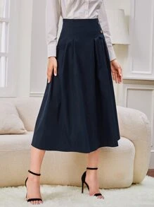 SHEIN BIZwear High Waist Fold Pleated Solid Skirt Workwear - Navy Blue - View 3
