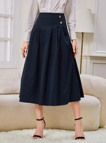 SHEIN BIZwear High Waist Fold Pleated Solid Skirt Workwear - Navy Blue - View 4